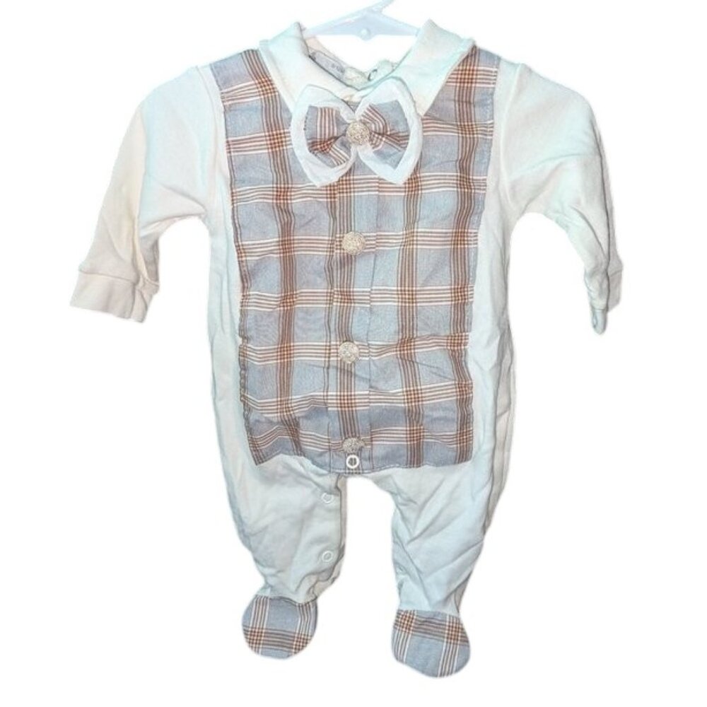 Beau Kid Long Sleeve Baby Boy Ivory Bowtie Plaid Pantsuit Bodysuit Pants Footed